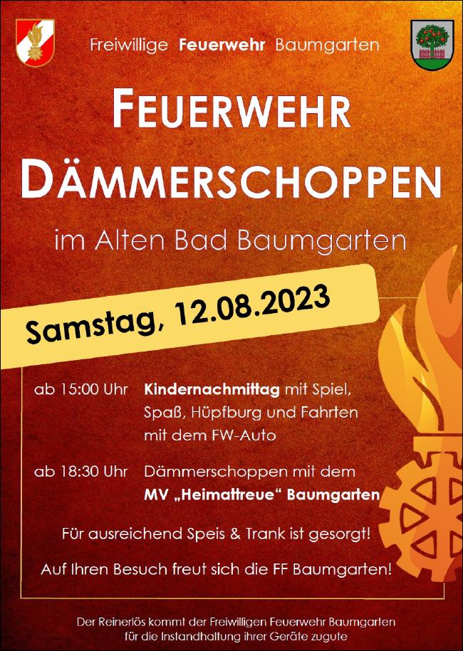 Plakat Dämmerschoppen 12. August 2023 Feuerwehr Baumgarten
