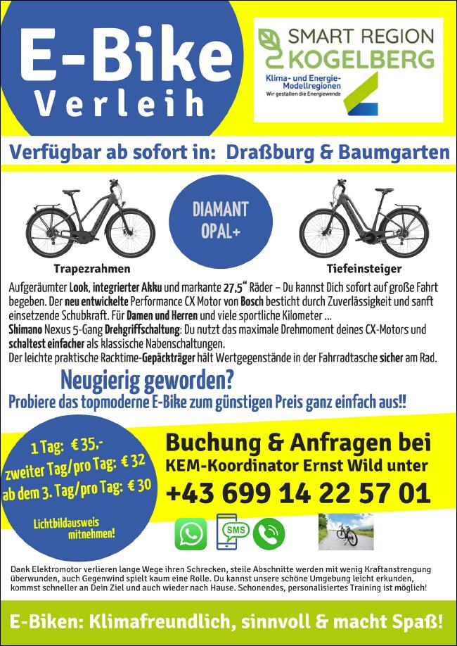 E-Bike Verleih in Draßburg und Baumgarten SMART REGION KOGELBERG
