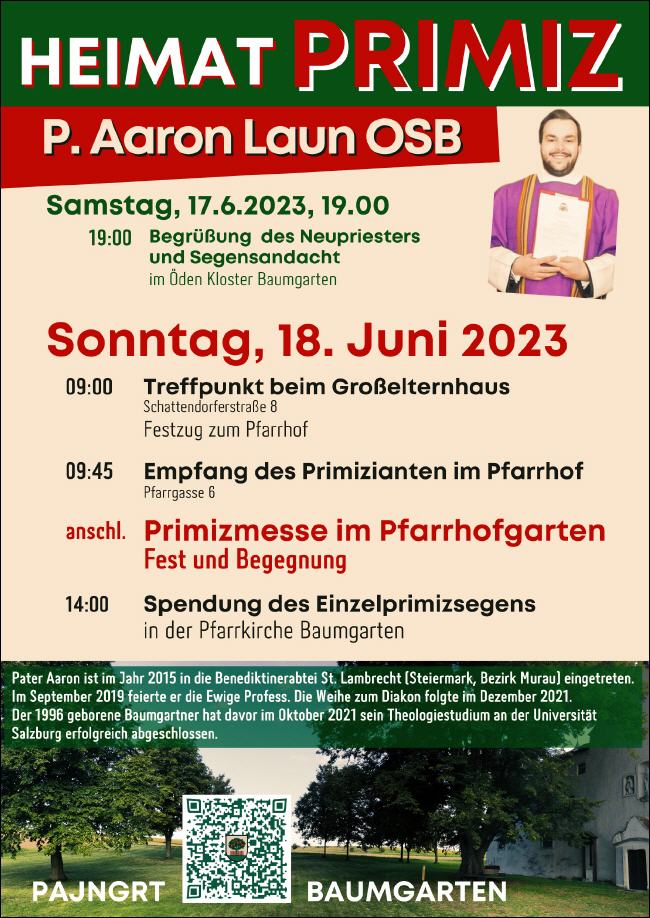 Einladung Heimatprimiz Aaron Laun am 18. Juni 2023 in Baumgarten